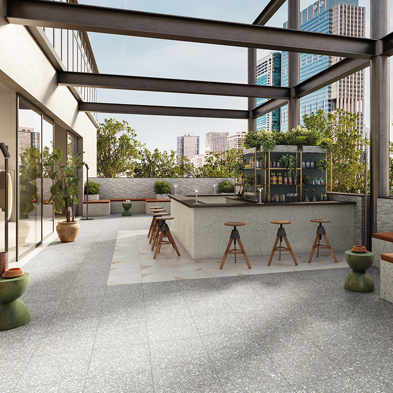 Porcelain Pavers and Tile Landmark™ Fashion Grey Diamond White Restaurant Patio Bar