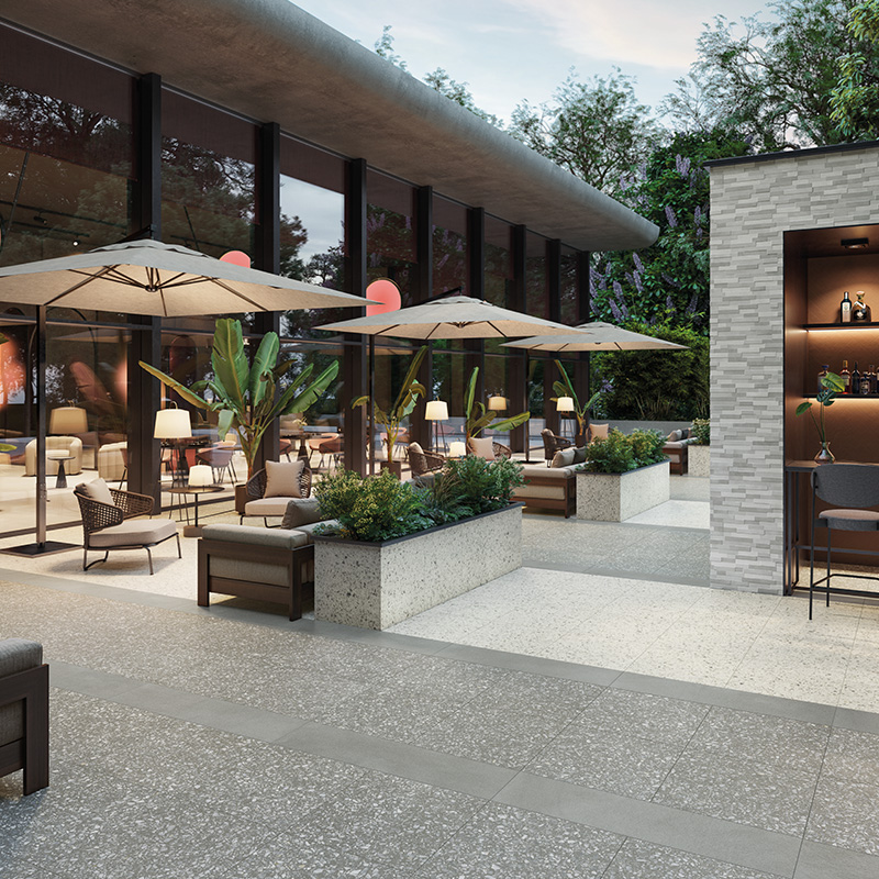 Porcelain Pavers and Tile Landmark™ Fashion Grey Diamond White Restaurant Patio