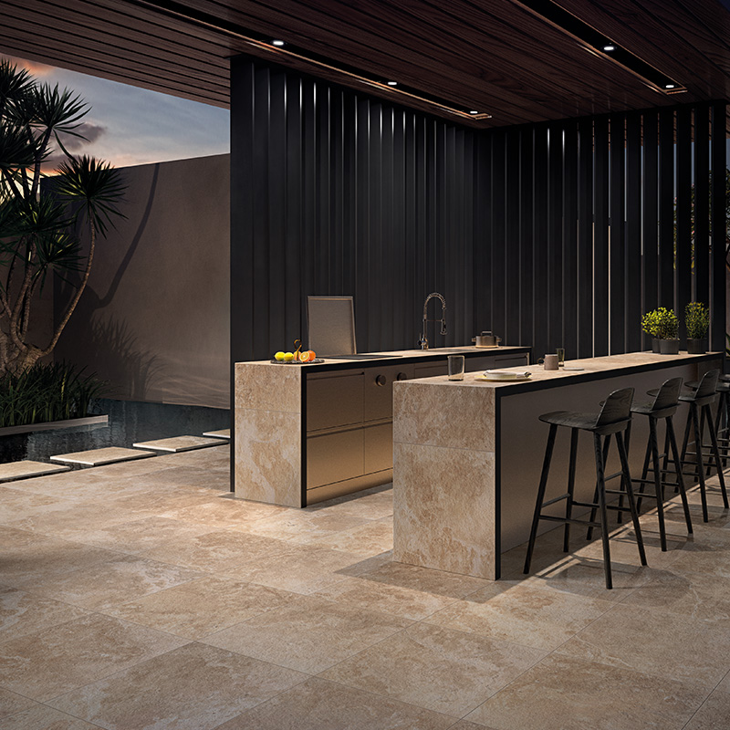 Porcelain Pavers and Tile Landmark™ Travertine Cross Cut Cream Outdoor Restaurant