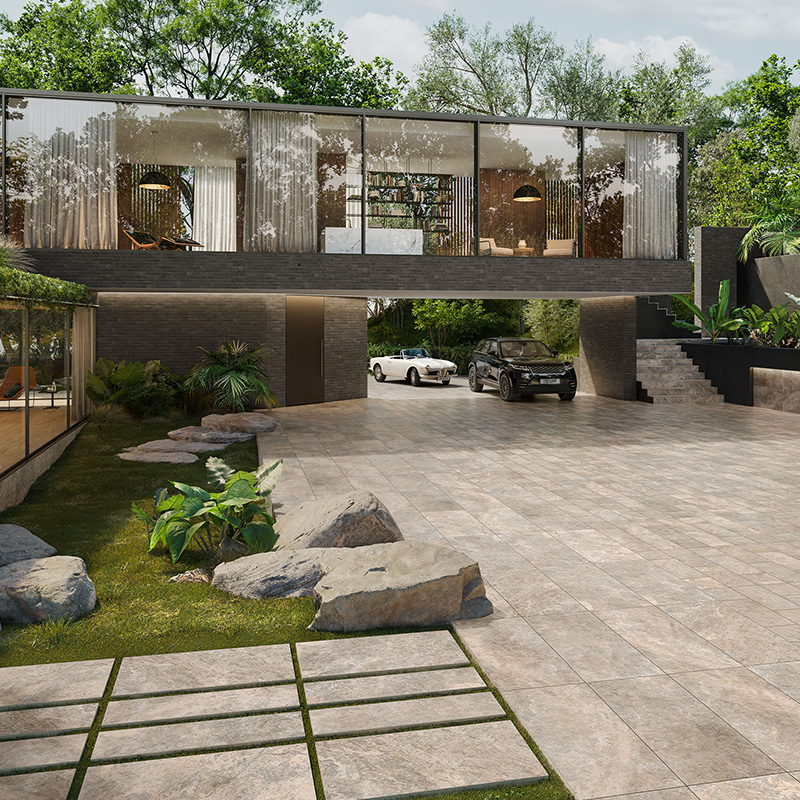 Porcelain Pavers and Tile Landmark™ Travertine Crosscut Silver Driveway