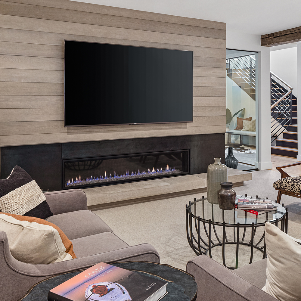 44. A harmonious union of wood and an Indiana Limestone hearth.