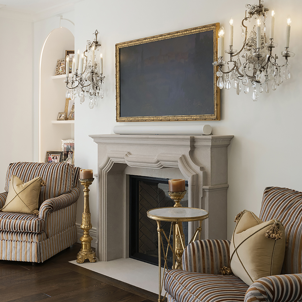 2. Intricate and classic fireplace surround custom design in Indiana Buff Limestone.